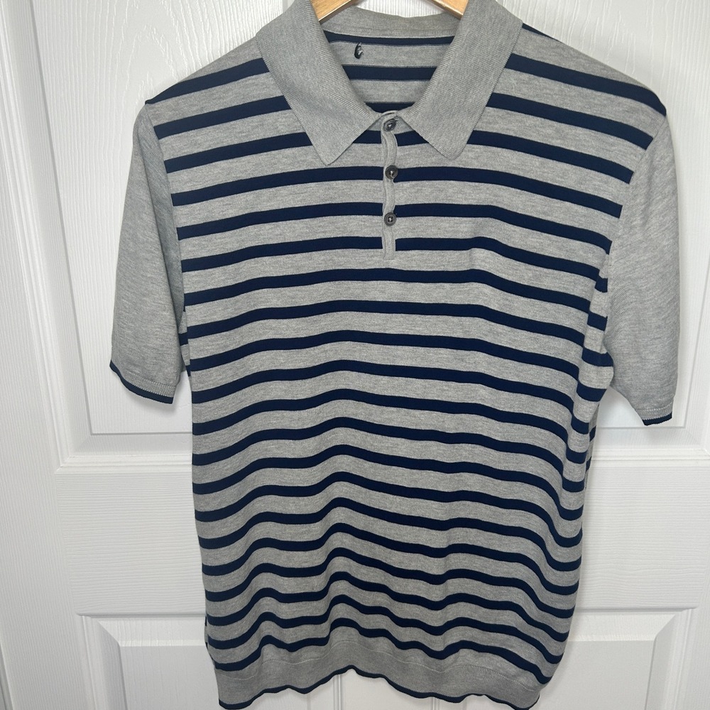 Hugo Boss Men's Striped Polo Shirt Gray Navy Short Sleeve Soft‎ Knit Cotton L